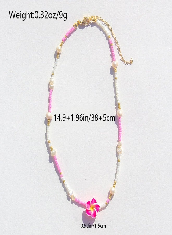 POYAMUSE Hawaiian Flower Choker Necklace for Women - Boho Beach Jewelry, Plumeria Choker Necklace Jewelry for Women, Tropical Accessories for Summer Vacation - Pink - Image 2